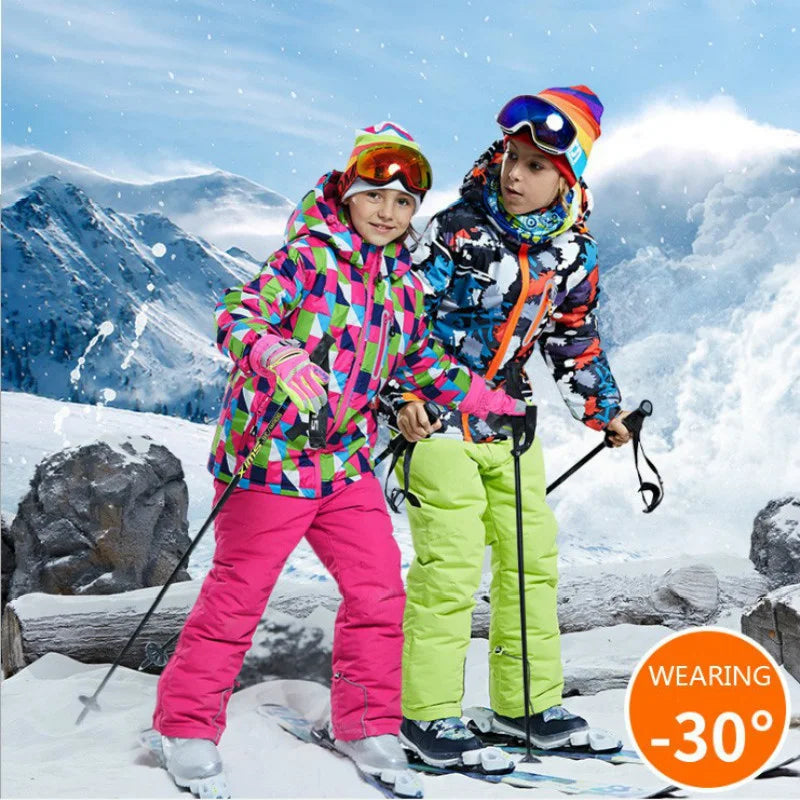 -30 Degree Kids Ski Suit Boy Girls Winter Outdoor Sports Waterproof Skiing Snowboarding Jackets Snow Pants Children Clothing Set