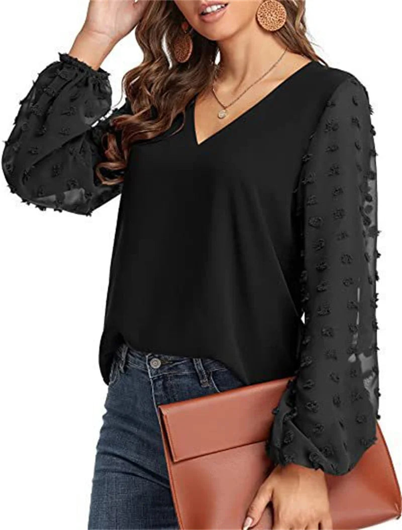 Elegant Chiffon Splicing Bubble Sleeve Blouse Female British Style Comfortable Commuter Shirt Women's V Neck Pullover Loose Tops