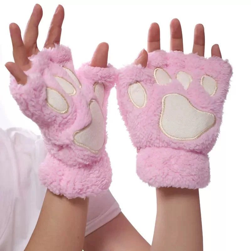 Women's Plush Cat Paw Fingerless Gloves