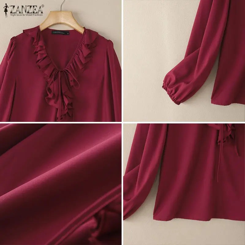 Ruffle Lace-Up Lantern-Sleeve Blouse