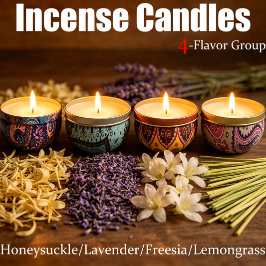 Exquisite Scented Candles in a Tin Box, Containing 4 Flavors Including Honeysuckle, Lavender, Lemongrass, and Freesia, Essential Oil-Infused, with Long-Lasting Fragrance, Suitable for Home, Office, Yoga, and Meditation