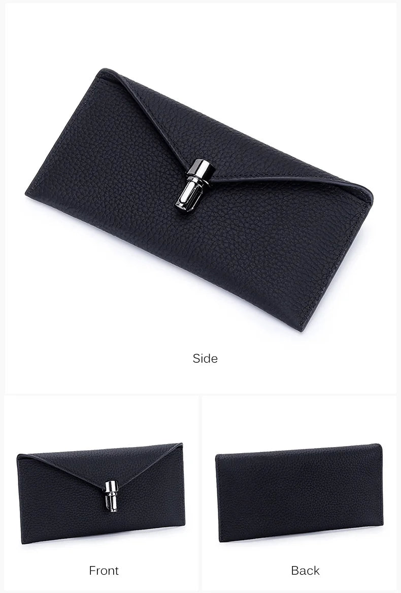 Genuine Leather Envelope Wallet for Women – Slim Long Clutch with Lock Clasp