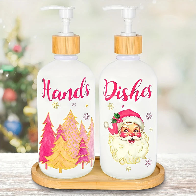 Lot de 2 distributeurs de savon gnomes de Noël avec plateau – Décoration de fêtes pour cuisine et salle de bain