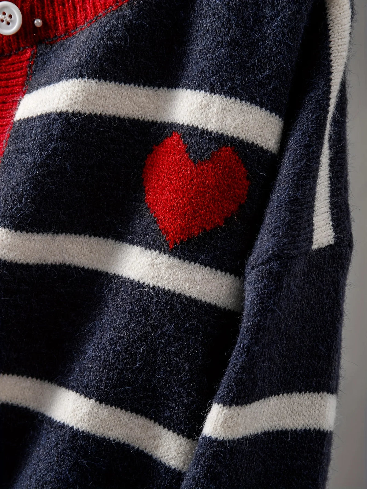 Women's Striped Button Front Cardigan, Cute Heart Pattern Knit Coat, Casual Fashion Outwear