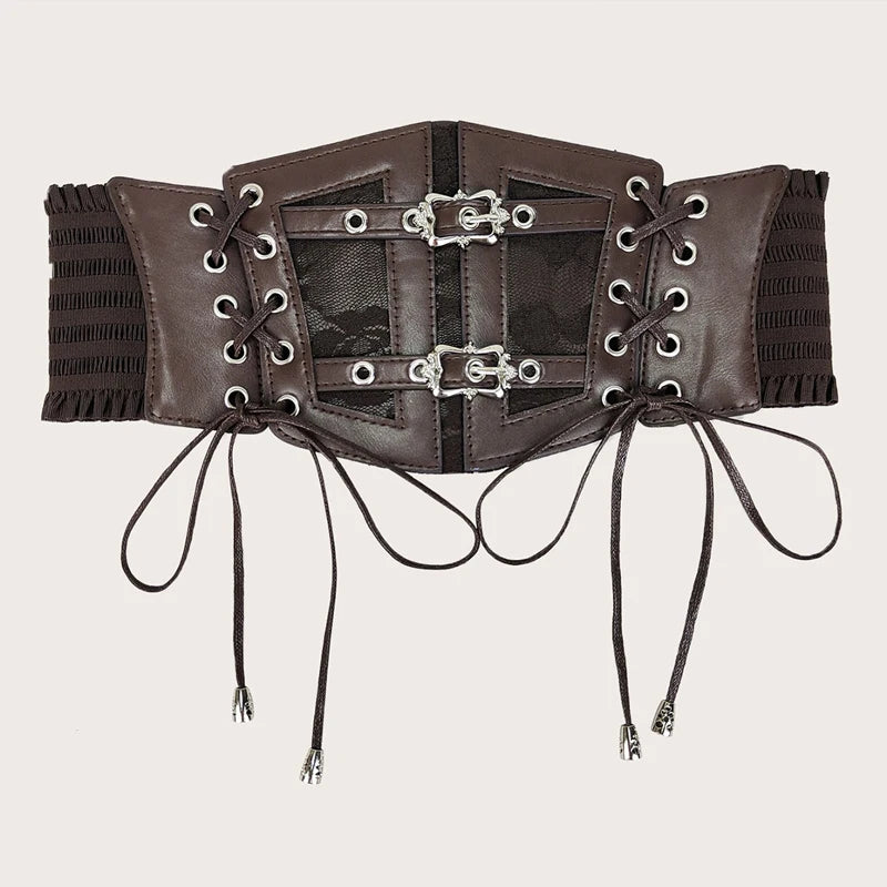 Lace-Up Corset Belt with Chain – Wide Faux Leather Waist Belt