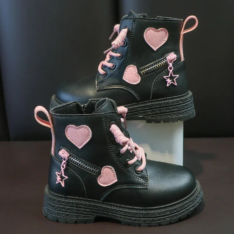 Black/pink Girls Leather Boots Velvet with Anti Slip Low Cut Side Zipper Winter Outdoor Girls Fashion Single Boot