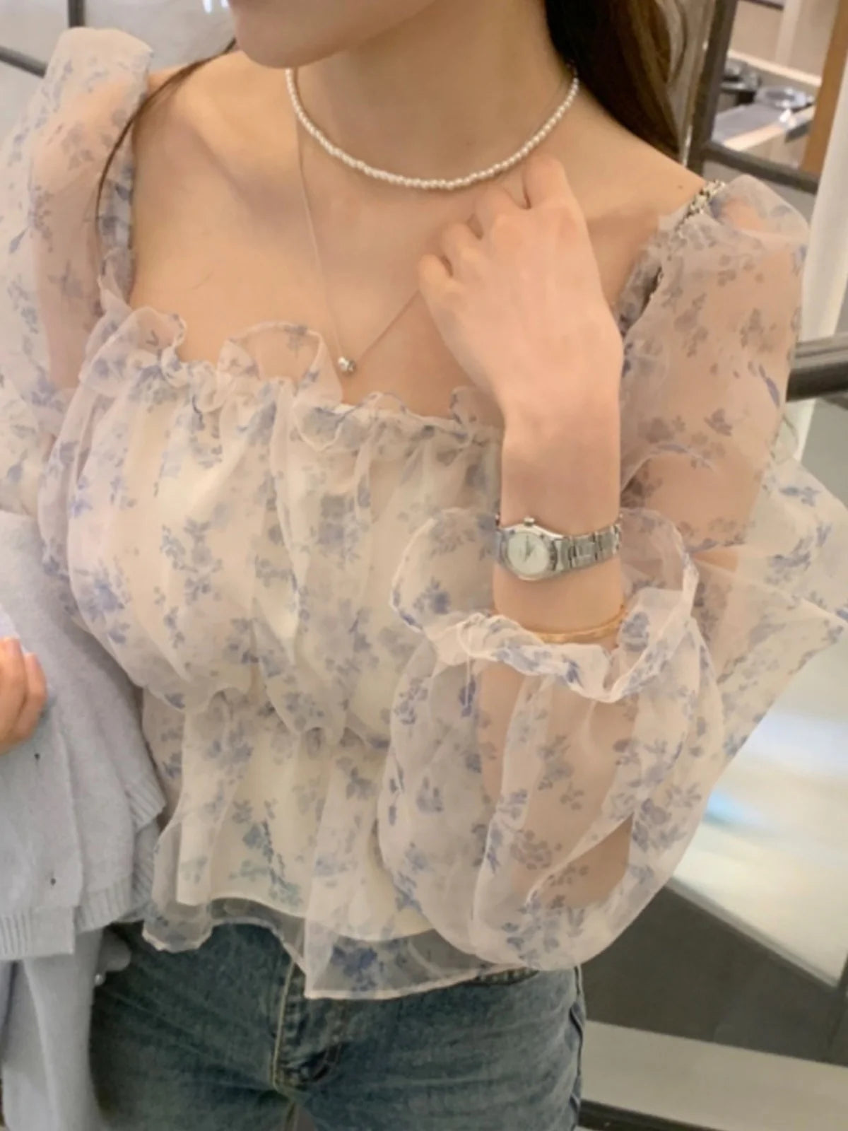 Chic Spring Women's Blouse Gentle Shoulder Bared Floral Bubble Sleeve Chiffon Top Korean Style Loose Fit Long Sleeve Short Le...