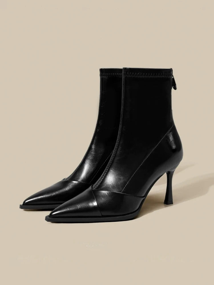 Black Pointed Toe High Heel Short Boots Women's Autumn Winter New Style Elastic Slim Fit Short Tube Boots Korean Version