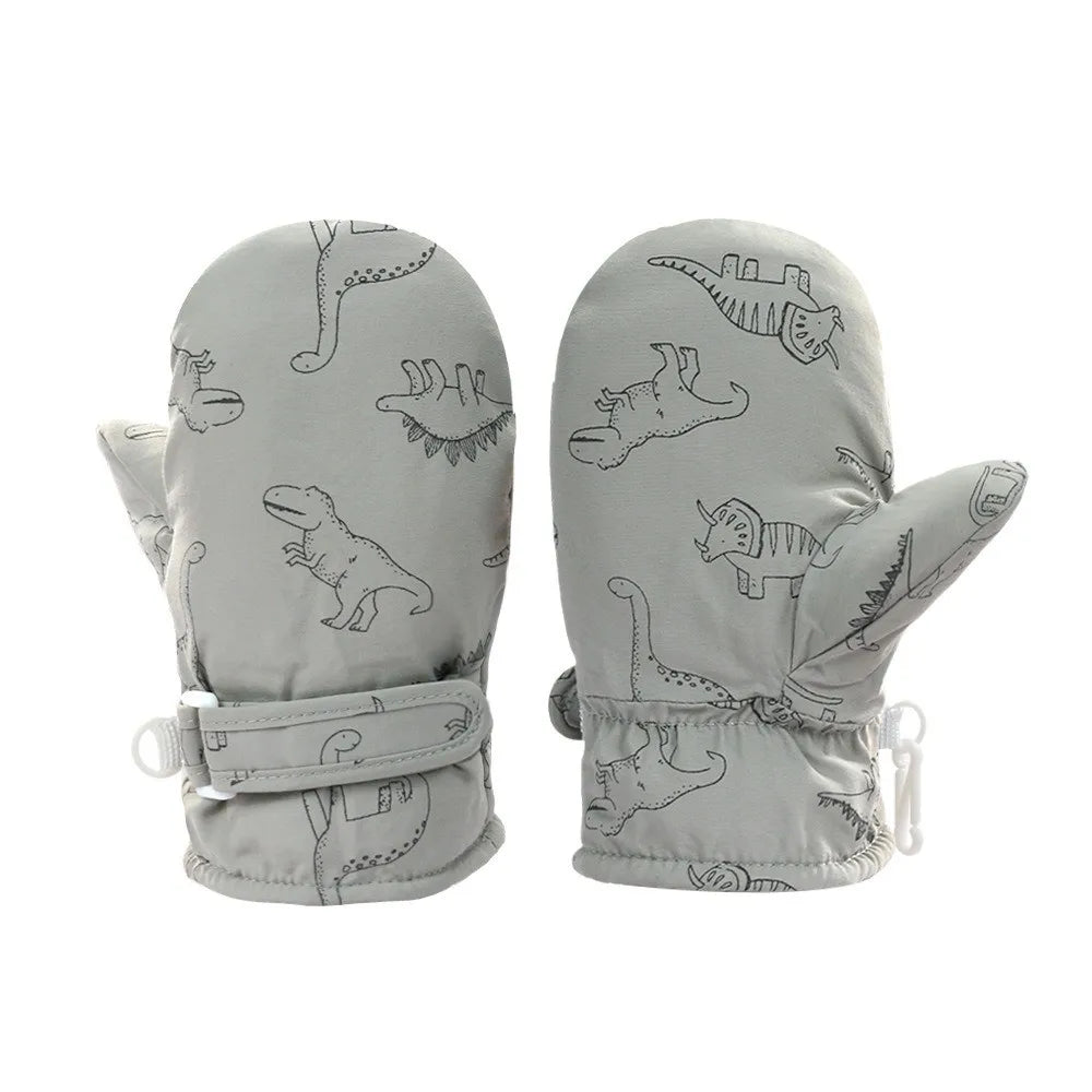 Toddler Dinosaur Snow Mittens – Fleece-Lined, Sizes S, M, L
