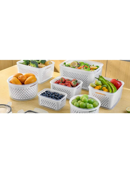 Set di 6 contenitori per frutta e verdura da frigorifero con cestelli forati e coperchi ermetici