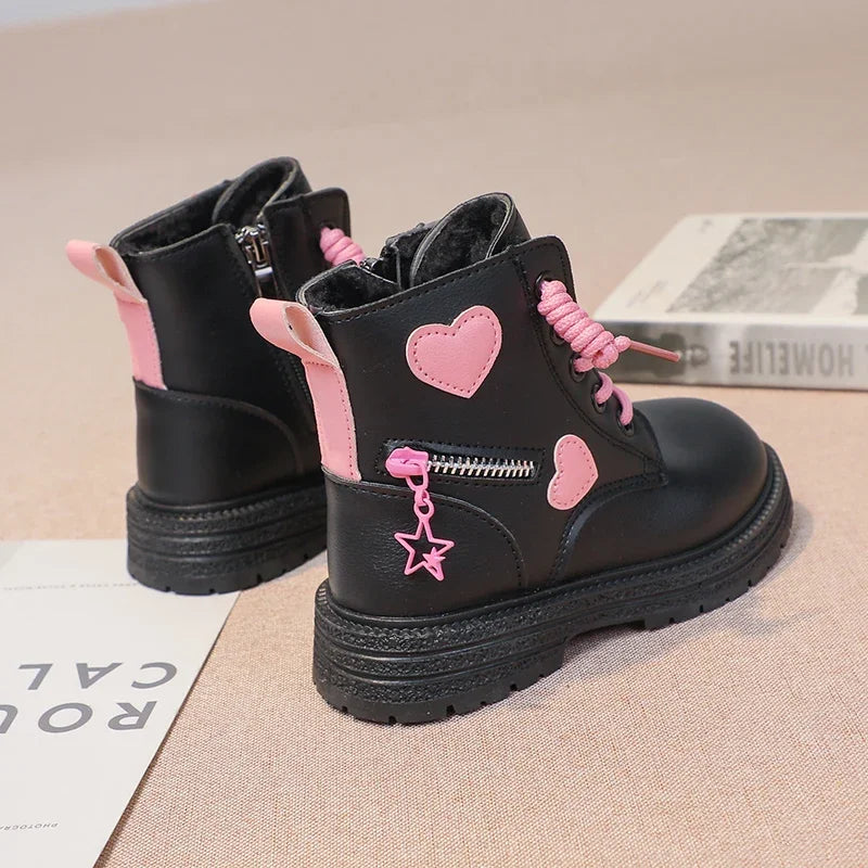 Black/pink Girls Leather Boots Velvet with Anti Slip Low Cut Side Zipper Winter Outdoor Girls Fashion Single Boot