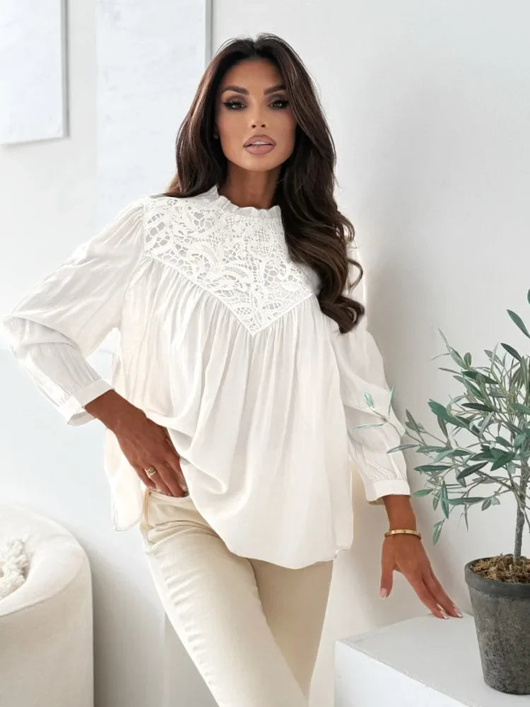 Mori New Chic Women Spring Autumn Lace Spliced Chiffon Blouse Ruffle Neck Lantern Long Sleeve Loose Fit Elegant Daily Tops