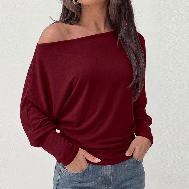 Elegant Off Shoulder Women T-Shirts Solid Color Long Sleeve Shirts For Women Spring Autumn Loose Pullover Lady Basic Tops