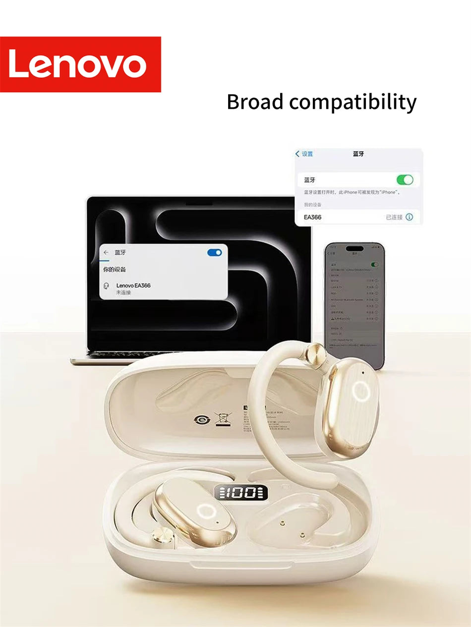 Lenovo EA366 Open-Ear Wireless Earbuds – Ear-Hook Bluetooth Headphones with Charging Case