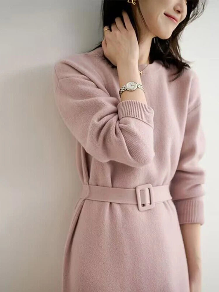 Women's Knit A-Line Midi Dress with Sash