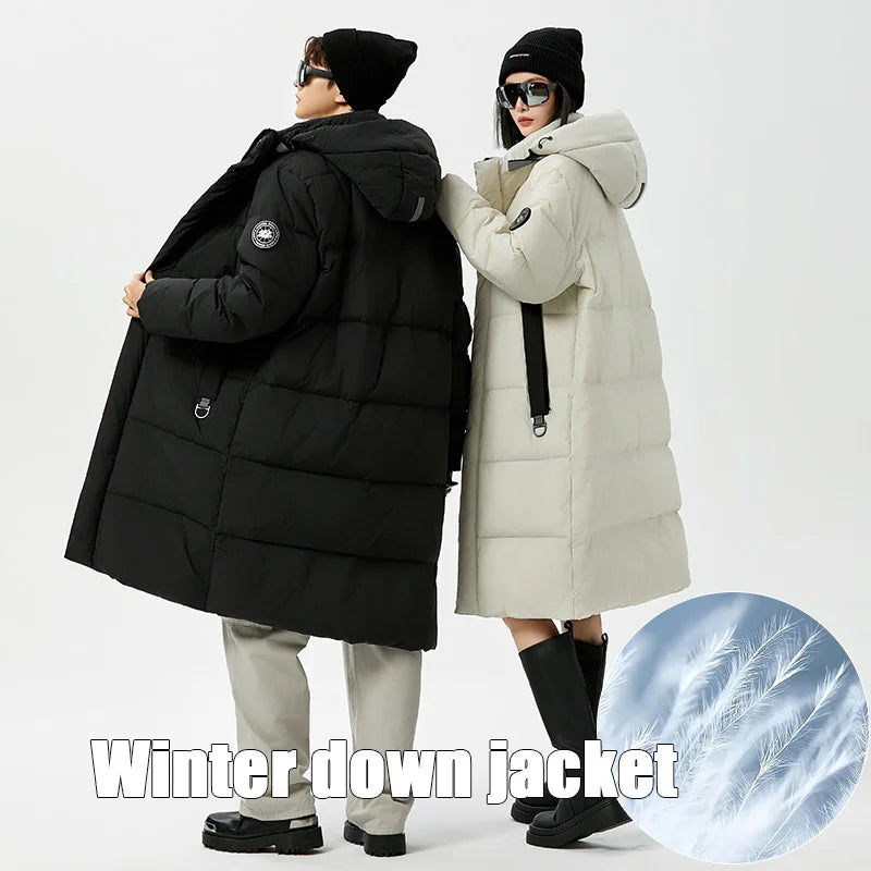 Winter Long Down Jacket Women Windbreaker Jacket Fashion Couple Down Coat Warm Hooded Thick Winter Windproof Waterproof Men Coat