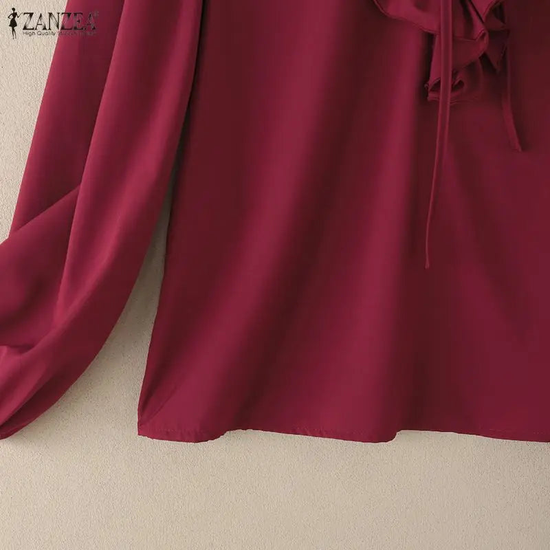 Ruffle Lace-Up Lantern-Sleeve Blouse