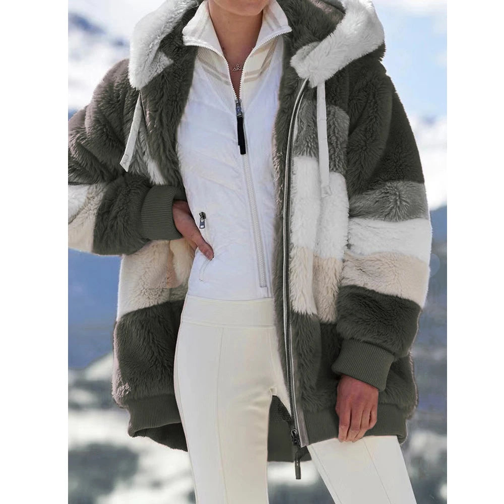 Winter Fashion Women's Coat 2026 Hooded Zipper Ladies Jacket Spliced Thick Cashmere Women Jacket Stitching Plaid Ladies Coats