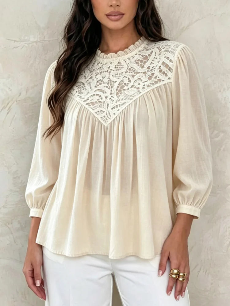 Mori New Chic Women Spring Autumn Lace Spliced Chiffon Blouse Ruffle Neck Lantern Long Sleeve Loose Fit Elegant Daily Tops