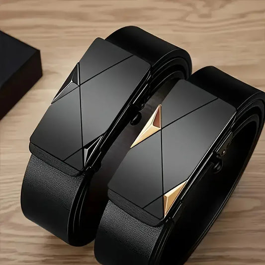Men's Geometric Automatic Buckle Belt – Faux Leather, Gold, Silver or Gunmetal