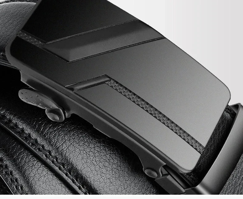 Men's Automatic Buckle Belt – Black Faux Leather Ratchet Belt, 110–130 cm