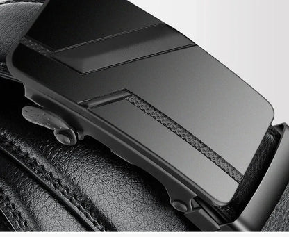 Cintura da uomo con fibbia automatica – Cintura a cremagliera in similpelle nera, 110–130 cm