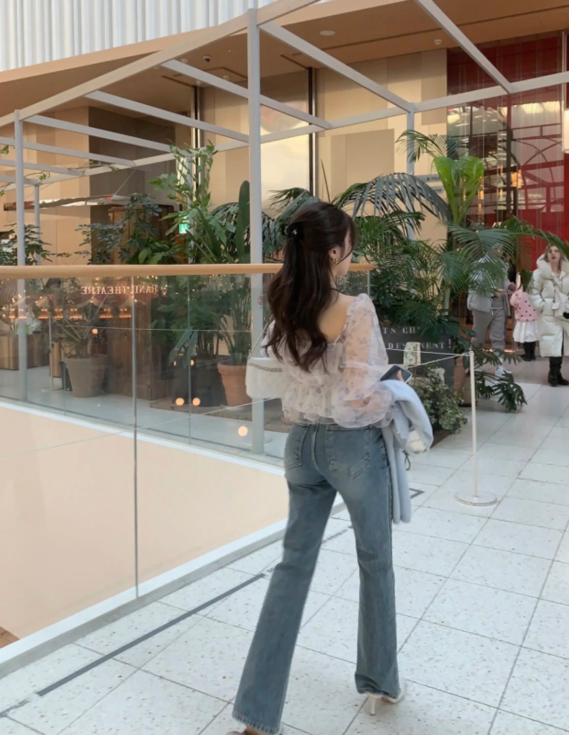 Chic Spring Women's Blouse Gentle Shoulder Bared Floral Bubble Sleeve Chiffon Top Korean Style Loose Fit Long Sleeve Short Le...
