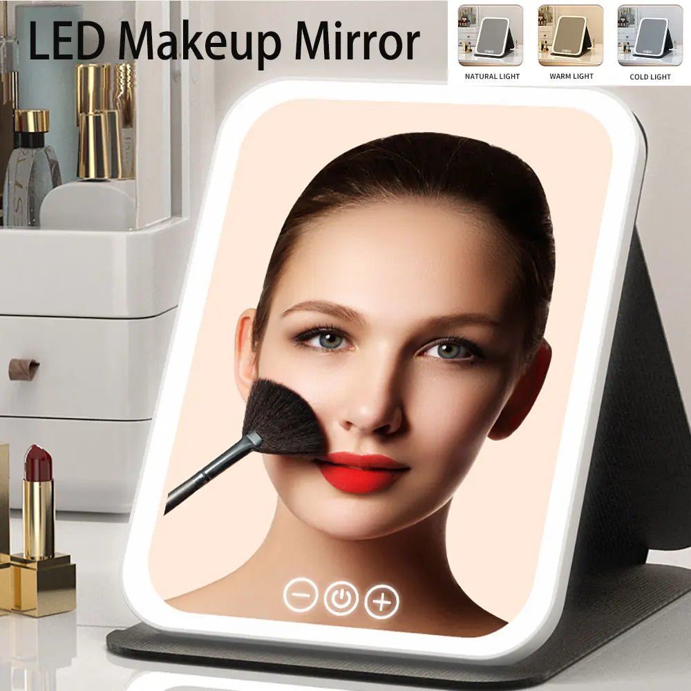 Foldable LED Makeup Mirror – 3 Light Colours, Dimmable Touch Control, Rechargeable