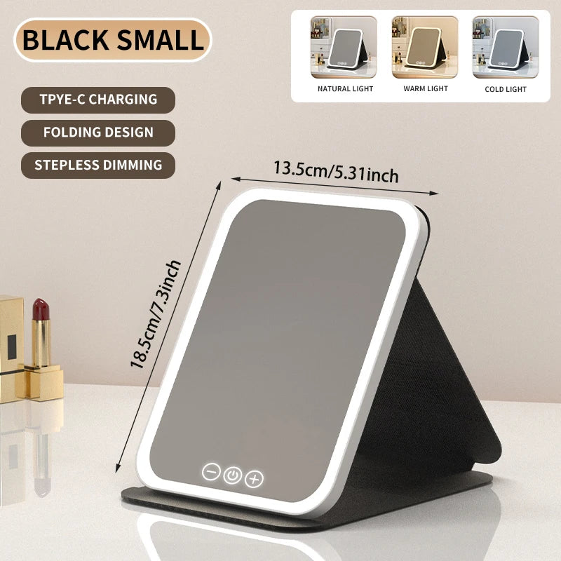 Foldable LED Makeup Mirror – 3 Light Colours, Dimmable Touch Control, Rechargeable