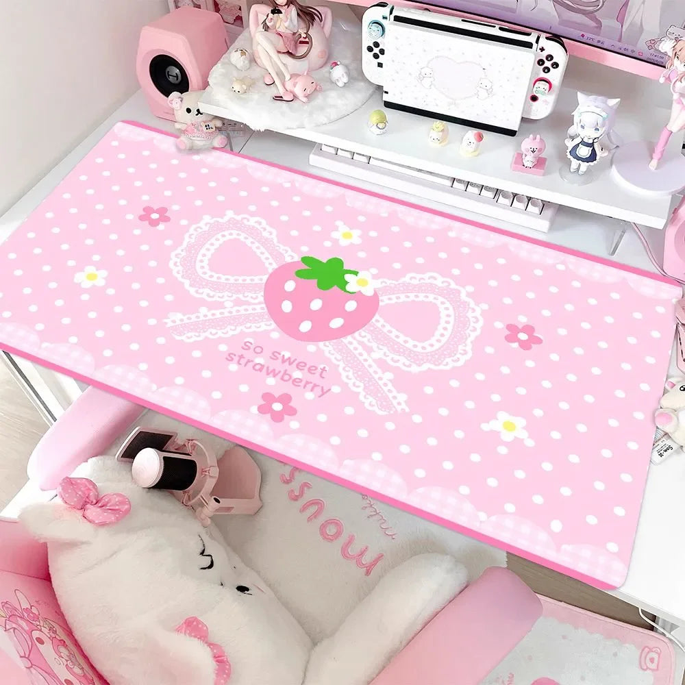 Leather Desk Pad Protector Pink Polka Dots Strawberry Y2K Bow Mouse Pad Office Desk Mat Waterproof Non-Slip PU Desk Blotter Pad