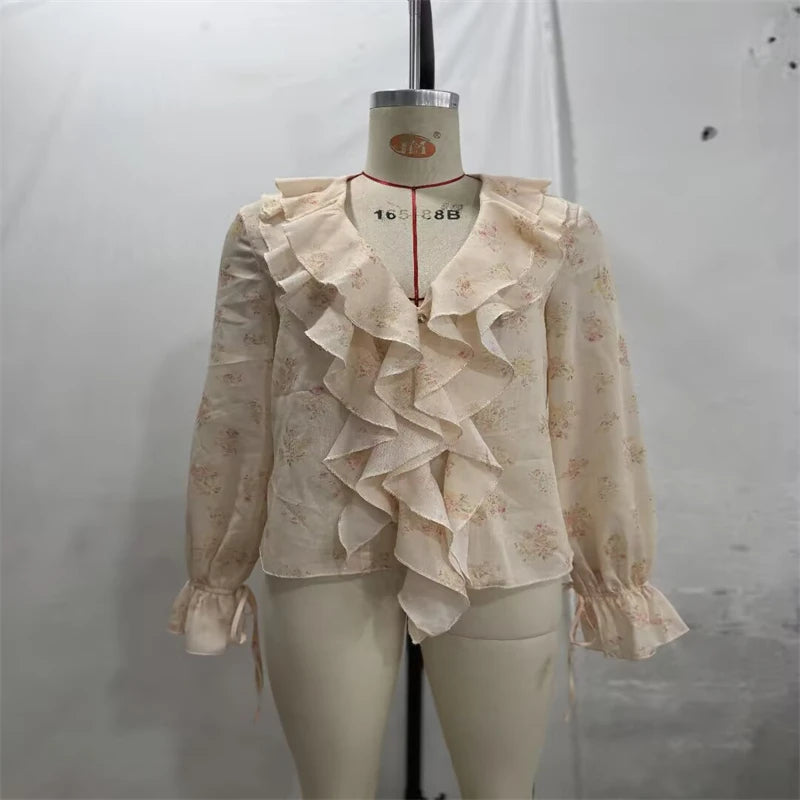 Guobioziy Elegant Women Floral Print Chiffon Blouse Ruffle Trim V‑Neck Flare Sleeve Top For Dating Office Daily Outfi
