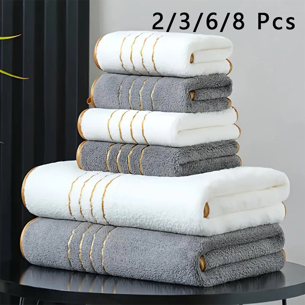 Gold Accent Bath Towel Set – White, Grey or Navy, 2 to 8 Pieces