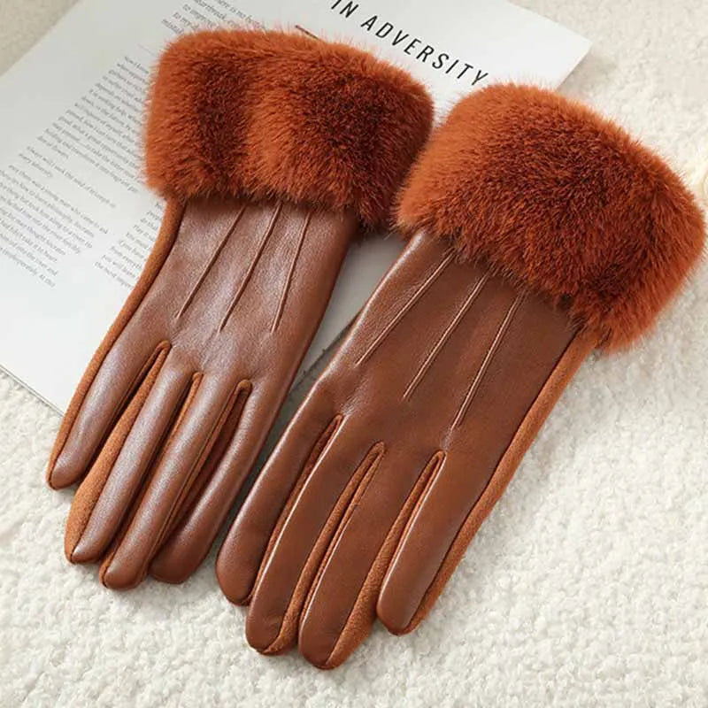 Women's Faux Leather Gloves with Faux Fur Cuff – Touchscreen