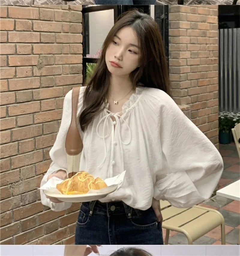 French Solid Color Leisure Women Sweet Solid Color V-neck Ruffled Edge Pullover Shirt Female Loose Fitting Lantern Sleeve Blouse