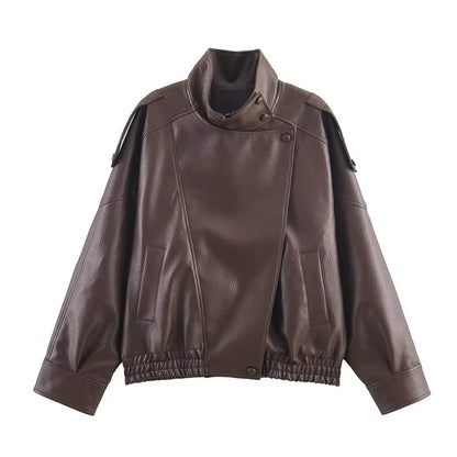 Chaqueta de cuero sintético con cremallera para mujer Guobioziy