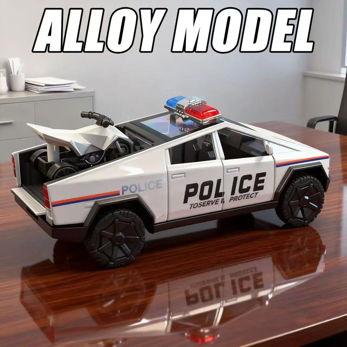 1:36 Police Pickup Die-Cast Toy with Mini ATV – Pull-Back Model