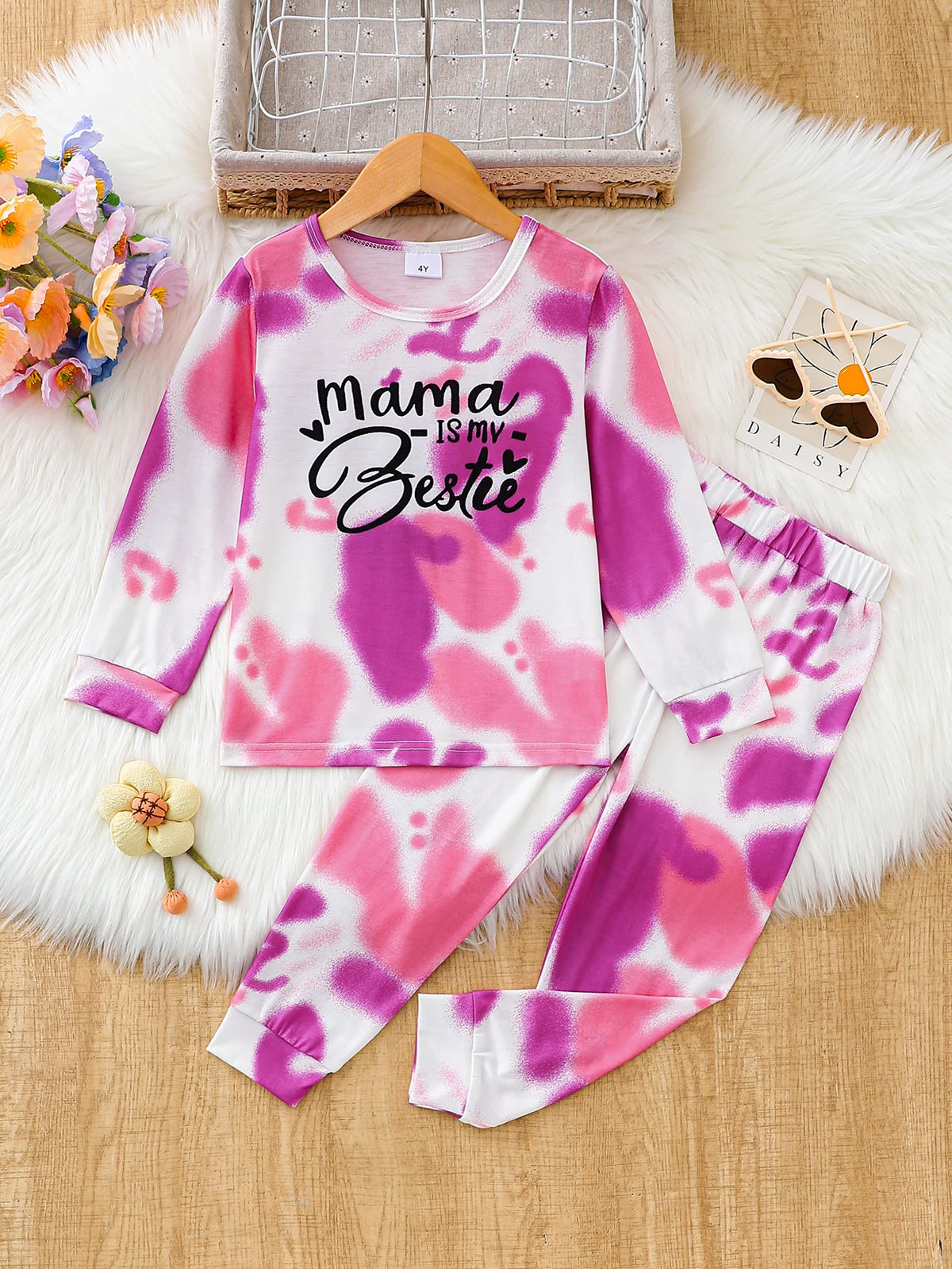 Girls' Tie-Dye Two-Piece Set - "Mama Is My Bestie" Long Sleeve Top & Pants, 2-7Y