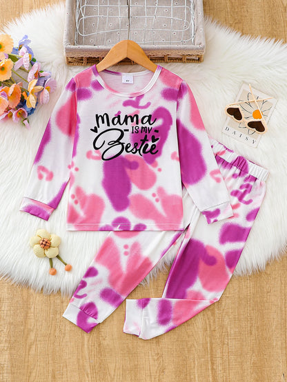 Batik-Zweiteiler für Mädchen – „Mama ist meine beste Freundin“ Langarm-Oberteil & Hose, 2–7 Jahre