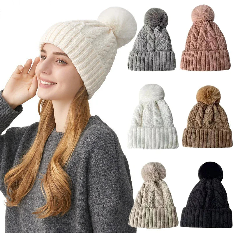 Women's Cable-Knit Pom-Pom Beanie – Plush-Lined Winter Hat