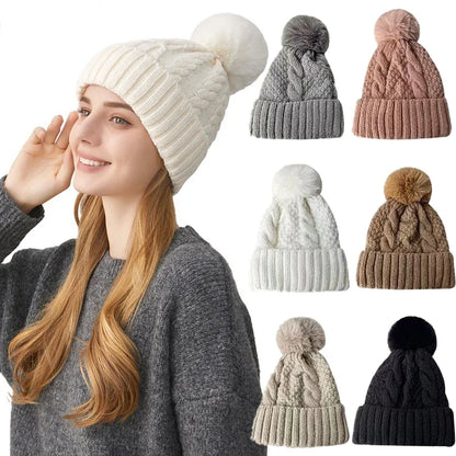 Women's Cable-Knit Pom-Pom Beanie – Plush-Lined Winter Hat
