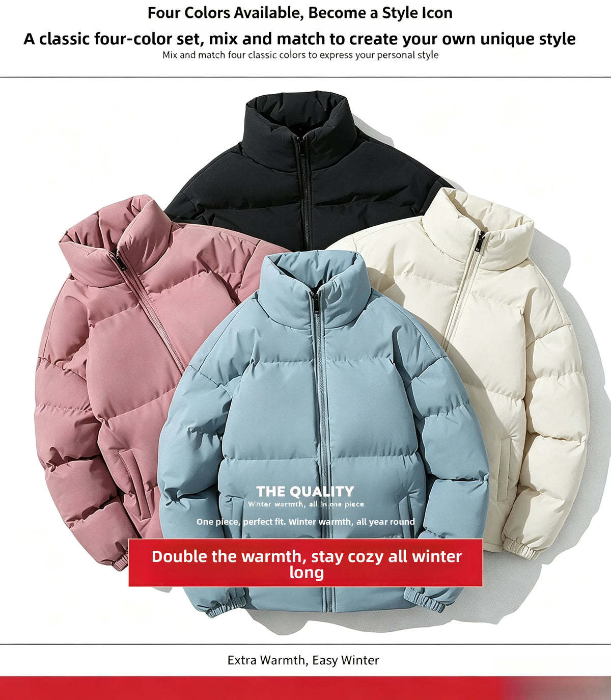 Women Men Winter Puffer Jacket, Solid Color Zip Up Stand Collar Warm Coat, Loose Casual Long Sleeve Outerwear For Daily