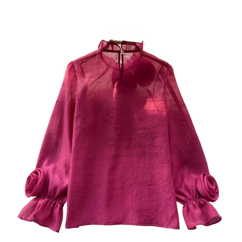 Women's Magenta Sheer Chiffon Blouse 3D Floral Appliqué Ruffled Mock Neck Puff Long Sleeve Loose Casual Summer Daily Party Top
