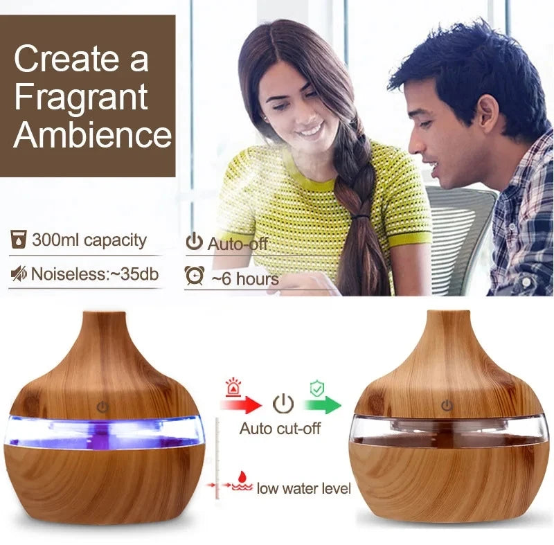 Humidificateur électrique diffuseur d'arômes en bois ultrasonique, humidificateur d'air diffuseur d'huiles essentielles brumisateur froid pour la maison 300 ml