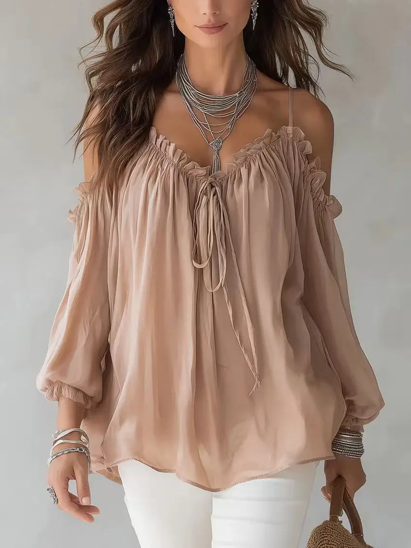 Elegant Off Shoulder Blouse Ruffled V Neck Lace Up Puff Sleeve Chiffon Shirts Loose Casual Summer Fashion Women Long Sleeve Top