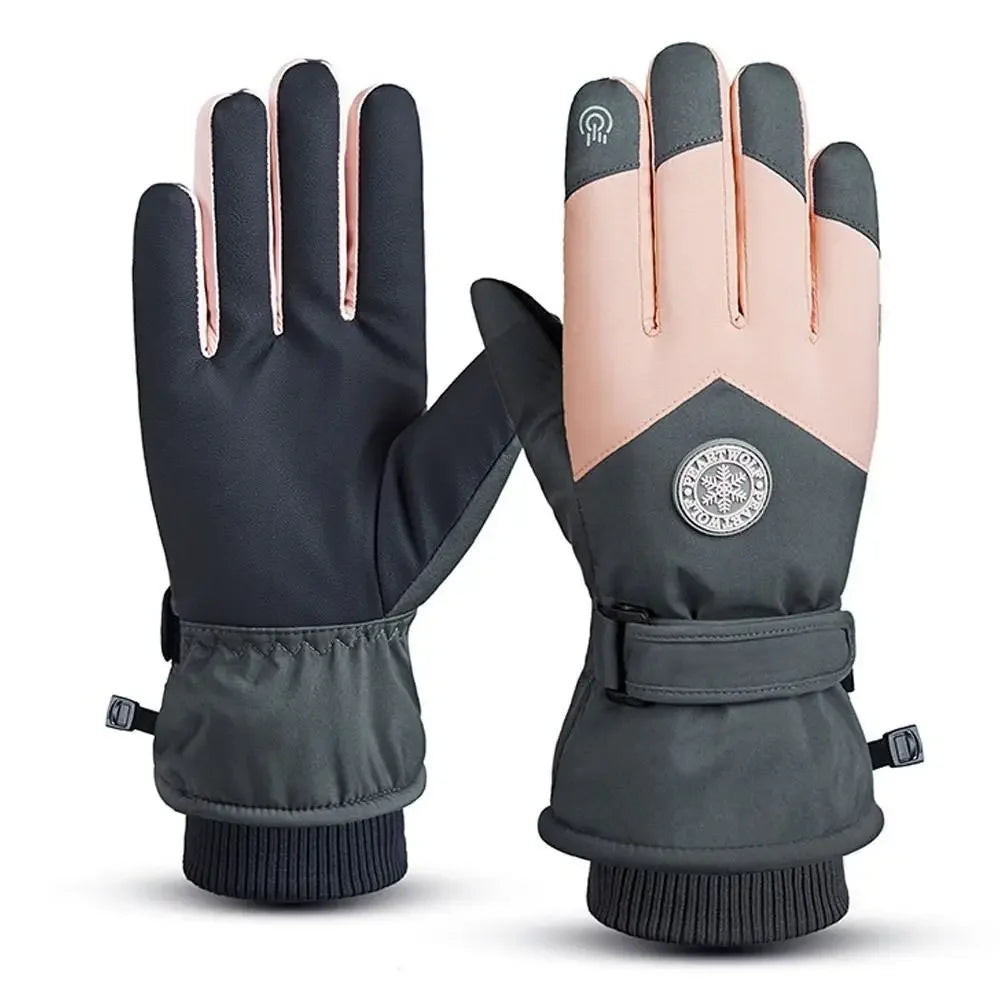 Women's Faux Leather Ski Gloves – Fleece-Lined Touchscreen Snow Gloves