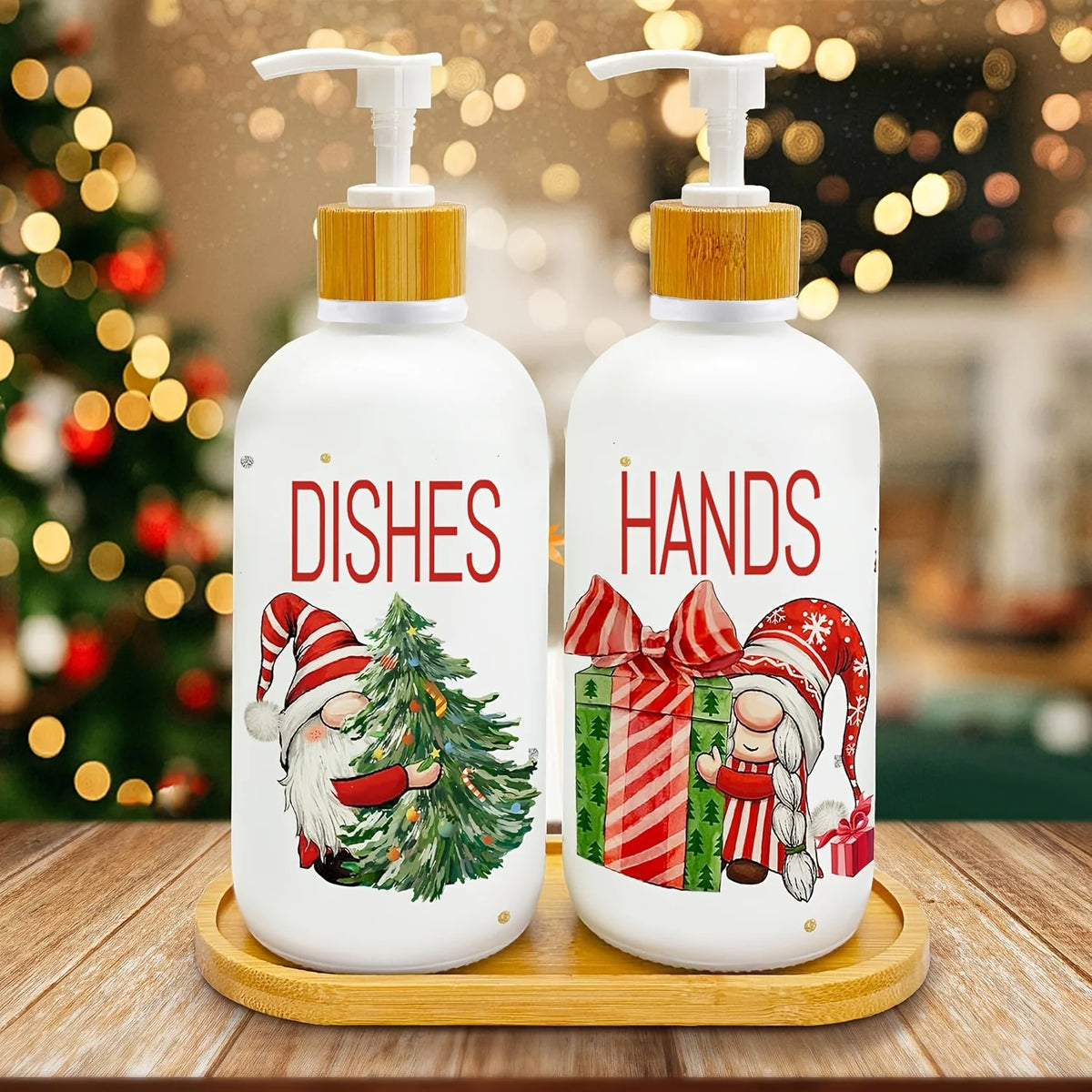 Lot de 2 distributeurs de savon gnomes de Noël avec plateau – Décoration de fêtes pour cuisine et salle de bain