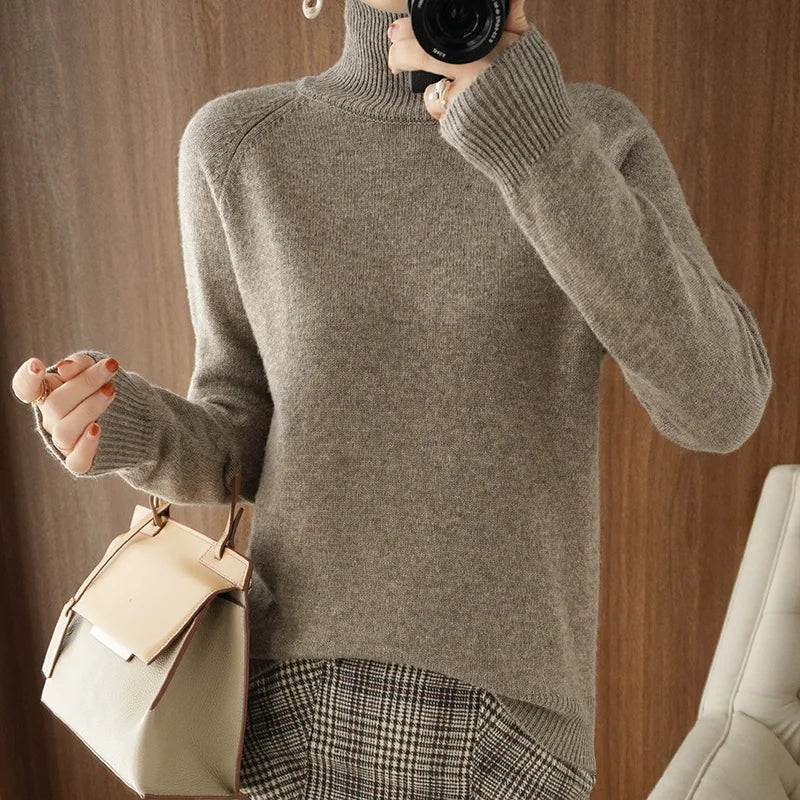 Fashion Basic Autumn Winter Merino Wool Sweater Mock Neck Cashmere Pullover Solid Color Soft Long Sleeve Basic Clothing Tops