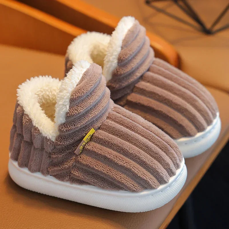 Kids' Striped Plush Slippers – Warm Non-Slip Heel-Wrap House Shoes