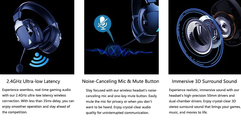 3-Mode Wireless Gaming Headset – 2.4G, Bluetooth & 3.5mm with Detachable Noise-Cancelling Mic