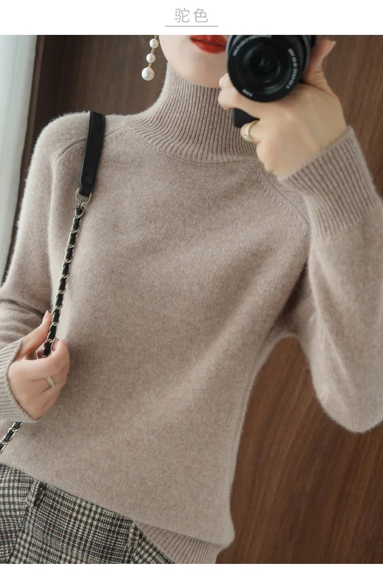 Fashion Basic Autumn Winter Merino Wool Sweater Mock Neck Cashmere Pullover Solid Color Soft Long Sleeve Basic Clothing Tops